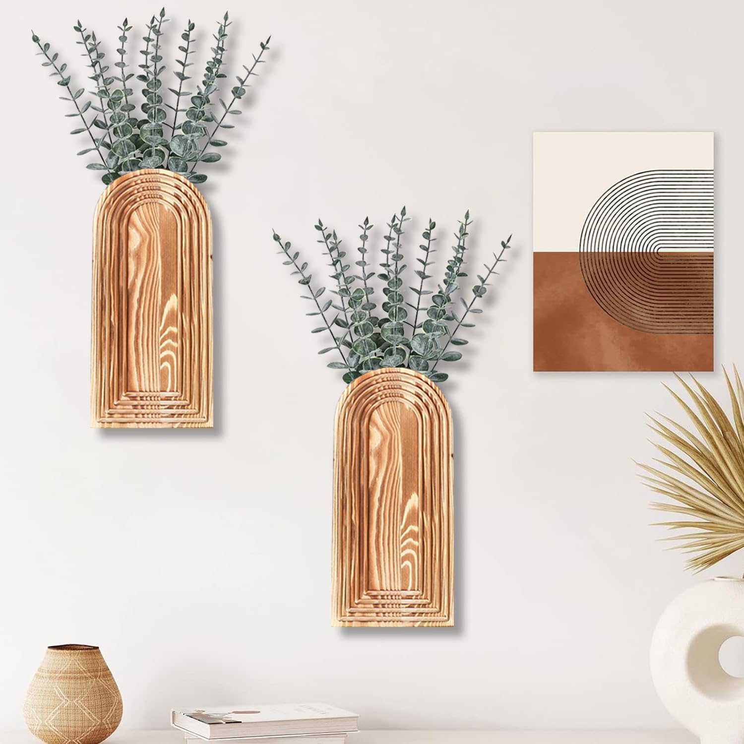 2 Pack Wooden Wall Vase Set - Brown Finish Modern Farmhouse & Boho Wall Decor for Entryway, Hallway, Bathroom, Living Room, Dining Room, Narrow Spaces - Image 3