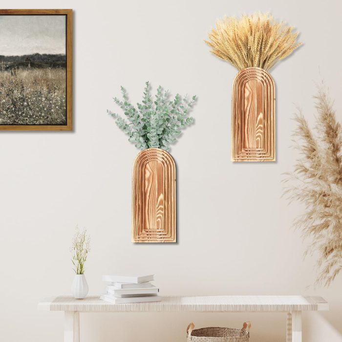 2 Pack Wooden Wall Vase Set - Brown Finish Modern Farmhouse & Boho Wall Decor for Entryway, Hallway, Bathroom, Living Room, Dining Room, Narrow Spaces - Image 5