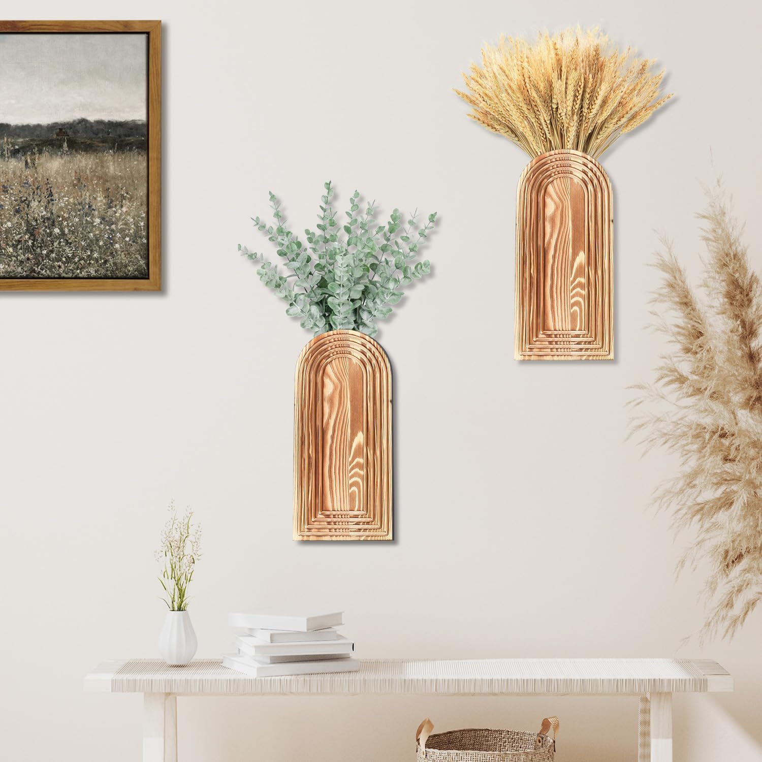 2 Pack Wooden Wall Vase Set - Brown Finish Modern Farmhouse & Boho Wall Decor for Entryway, Hallway, Bathroom, Living Room, Dining Room, Narrow Spaces - Image 5