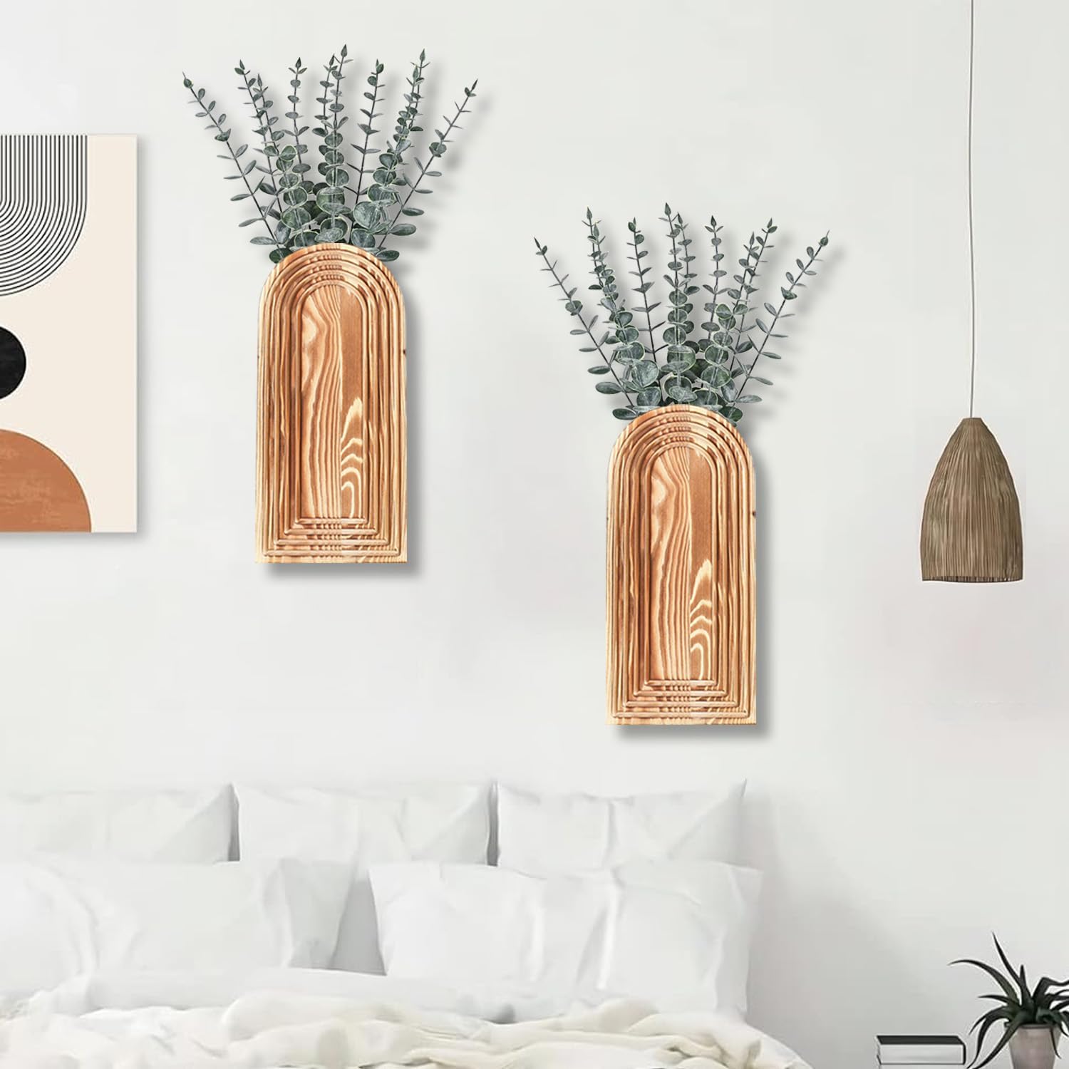 2 Pack Wooden Wall Vase Set - Brown Finish Modern Farmhouse & Boho Wall Decor for Entryway, Hallway, Bathroom, Living Room, Dining Room, Narrow Spaces - Image 6