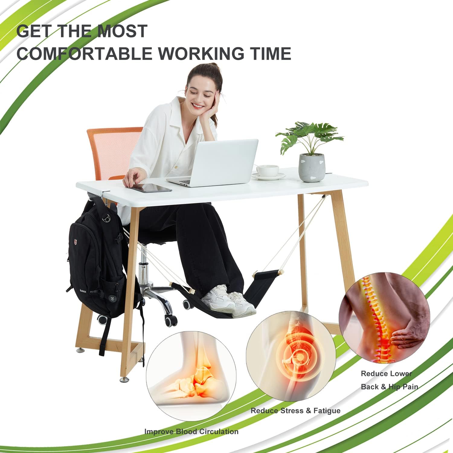 Auoinge Foot Hammock Under Desk FootRest | Adjustable Office Foot Rest Under Desk | Portable Desk Foot Hammock with Headphone Holder (Black) - Image 4