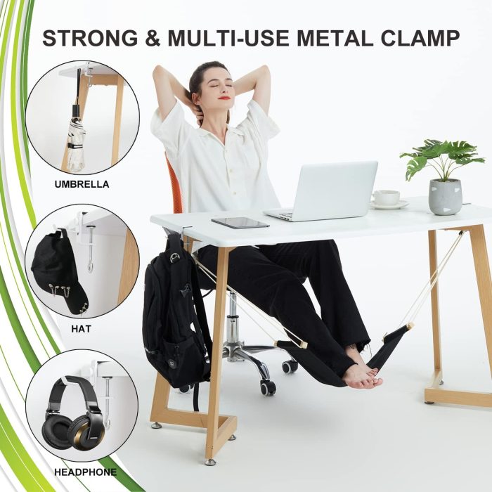Auoinge Foot Hammock Under Desk FootRest | Adjustable Office Foot Rest Under Desk | Portable Desk Foot Hammock with Headphone Holder (Black) - Image 5