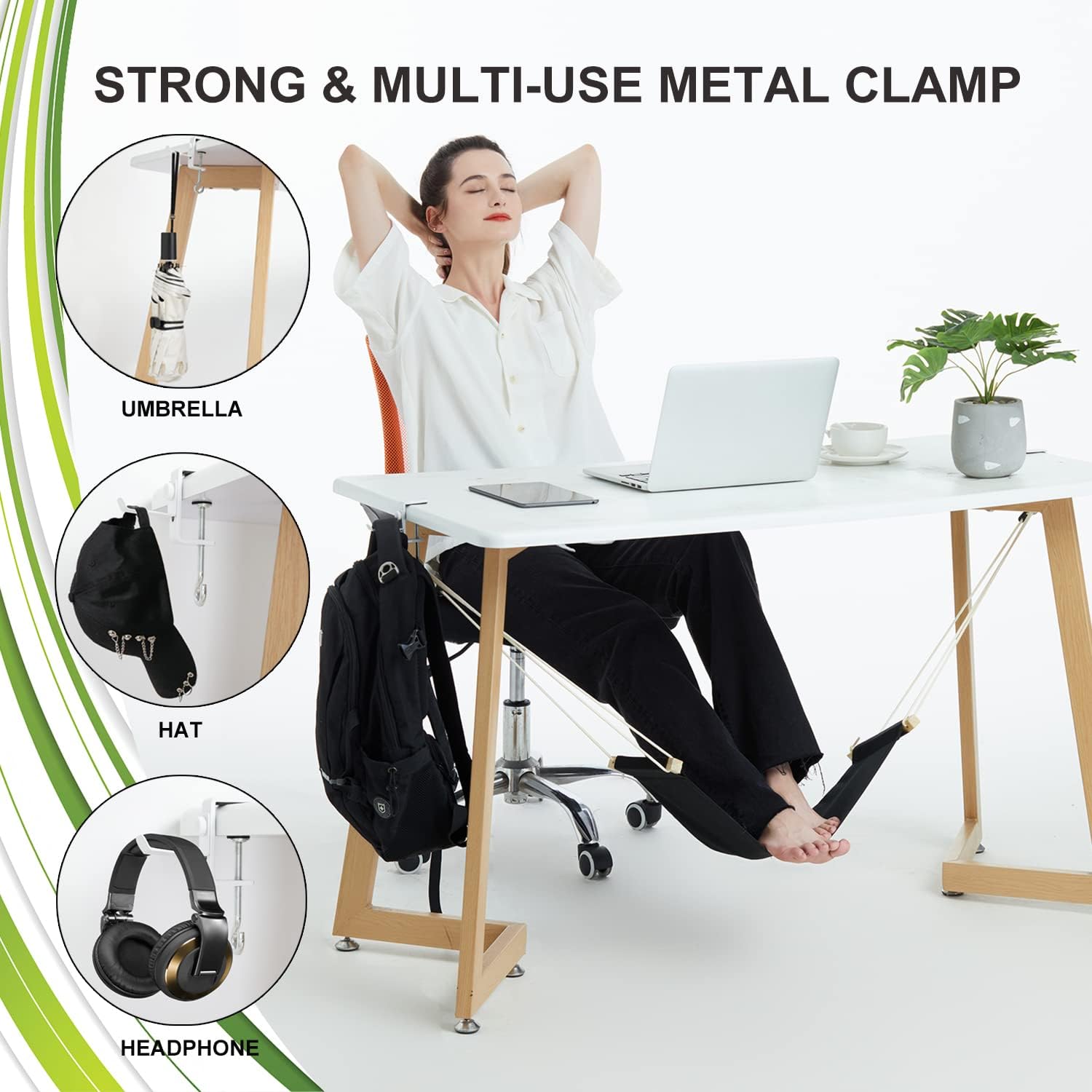 Auoinge Foot Hammock Under Desk FootRest | Adjustable Office Foot Rest Under Desk | Portable Desk Foot Hammock with Headphone Holder (Black) - Image 5