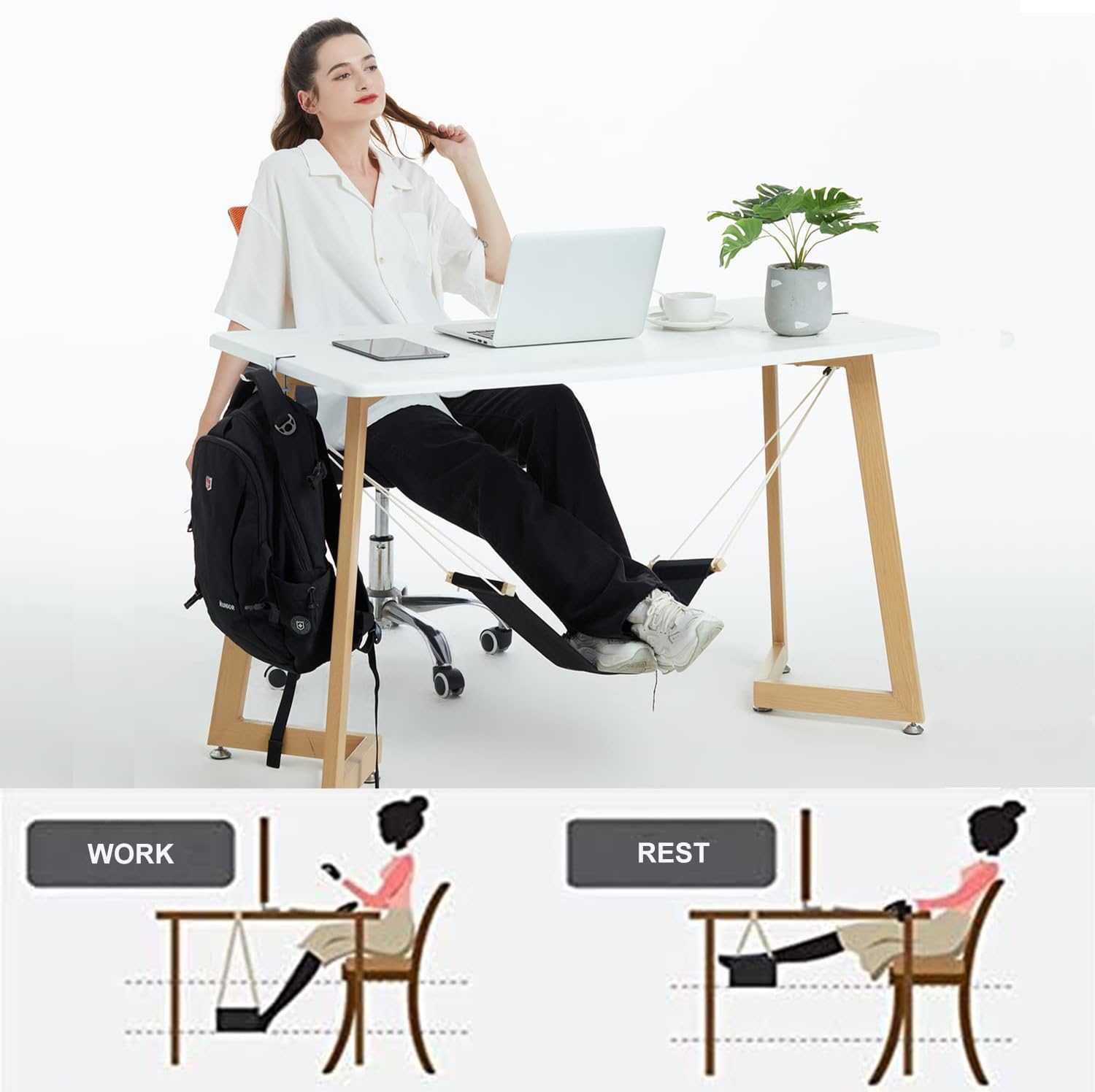 Auoinge Foot Hammock Under Desk FootRest | Adjustable Office Foot Rest Under Desk | Portable Desk Foot Hammock with Headphone Holder (Black) - Image 6