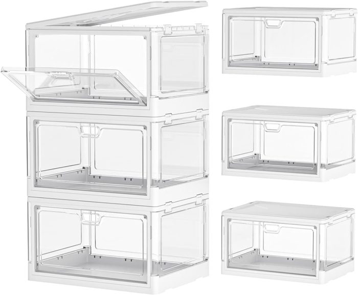 Clear Storage Bin with Lid 3 Pack 【Stackable & Sturdy】 Plastic Multifunctional Folding Storage Bins for Bedroom, Living Room, Study, Toy Room, 23 QT Folding Box with Magnetic door