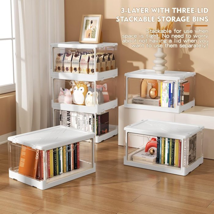 Clear Storage Bin with Lid 3 Pack 【Stackable & Sturdy】 Plastic Multifunctional Folding Storage Bins for Bedroom, Living Room, Study, Toy Room, 23 QT Folding Box with Magnetic door - Image 4