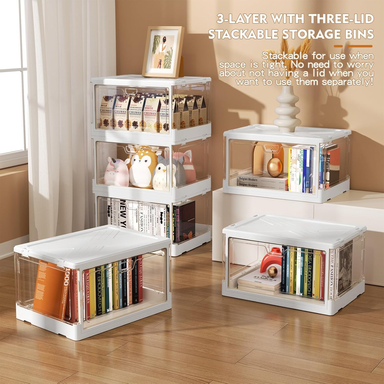 Clear Storage Bin with Lid 3 Pack 【Stackable & Sturdy】 Plastic Multifunctional Folding Storage Bins for Bedroom, Living Room, Study, Toy Room, 23 QT Folding Box with Magnetic door - Image 4