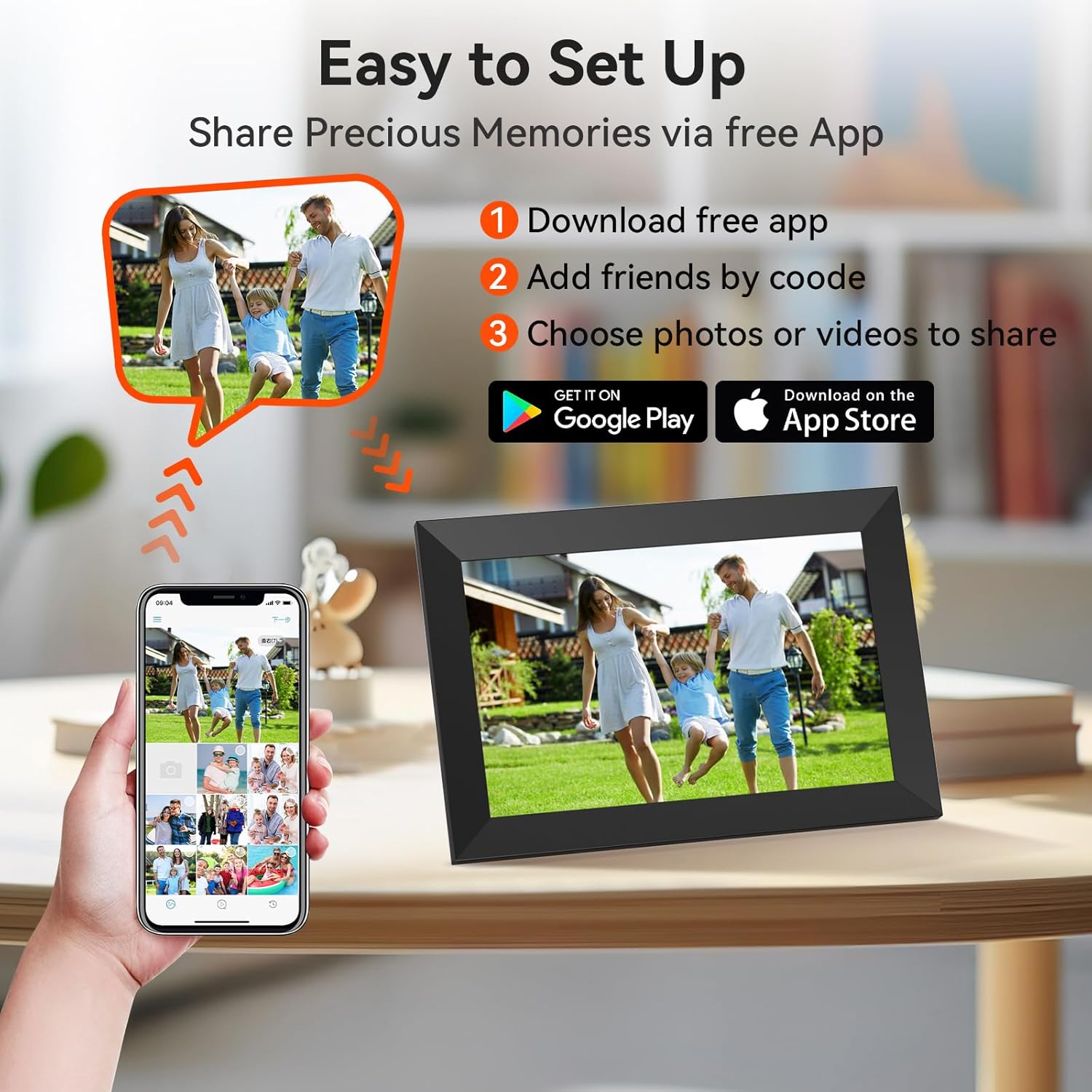 Digital Picture Frame 10.1 Inch WiFi Digital Photo Frame,1280 * 800 HD IPS Touch Screen Smart Cloud Photo Frame, to Share Photos Or Videos Remotely Via APP Email (Black) - Image 2