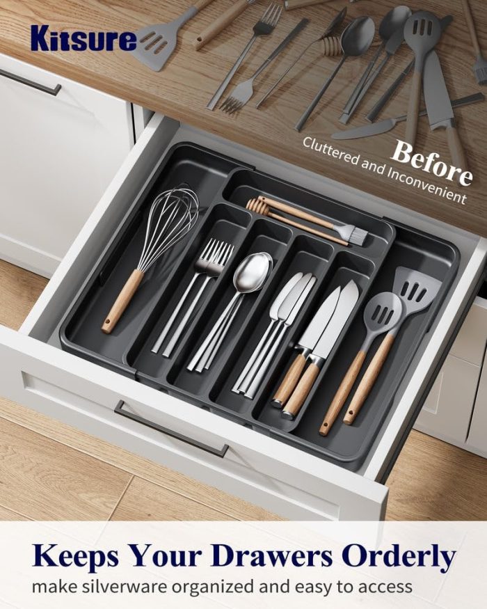 Kitsure Silverware Organizer - Adjustable Kitchen Drawer Organizer, Utensil Organizer, Cutlery Tray for Classified Storage, Versatile Kitchen Organizer, 12.13" × 1.54" × 8.07"~13.90", Black - Image 2