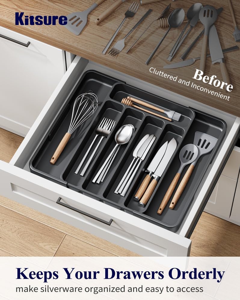 Kitsure Silverware Organizer - Adjustable Kitchen Drawer Organizer, Utensil Organizer, Cutlery Tray for Classified Storage, Versatile Kitchen Organizer, 12.13" × 1.54" × 8.07"~13.90", Black - Image 2