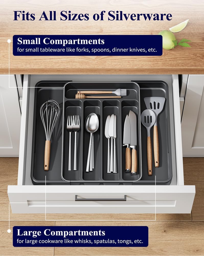 Kitsure Silverware Organizer - Adjustable Kitchen Drawer Organizer, Utensil Organizer, Cutlery Tray for Classified Storage, Versatile Kitchen Organizer, 12.13" × 1.54" × 8.07"~13.90", Black - Image 3