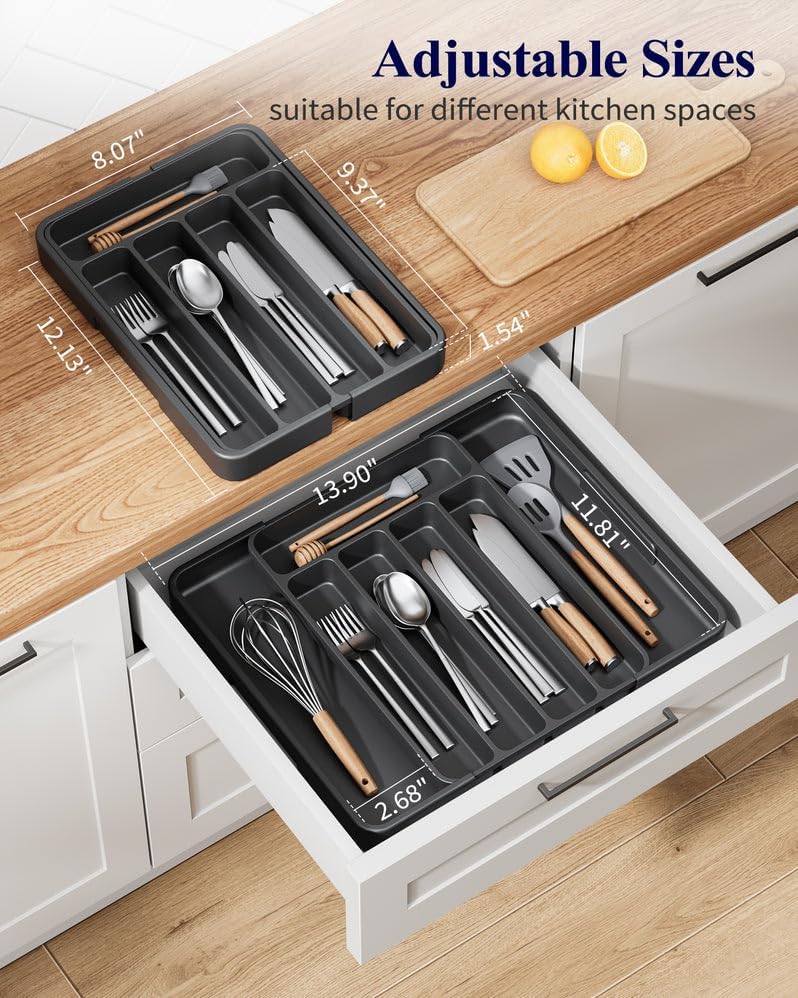 Kitsure Silverware Organizer - Adjustable Kitchen Drawer Organizer, Utensil Organizer, Cutlery Tray for Classified Storage, Versatile Kitchen Organizer, 12.13" × 1.54" × 8.07"~13.90", Black - Image 4