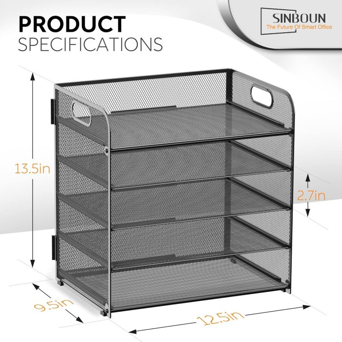 Letter Tray Paper Organizer 5-Tier Desk Organizer File Organizer Paper Holder with Handle, Metal Desktop Document Shelf Tray Office Classroom Organization - Black - Image 2