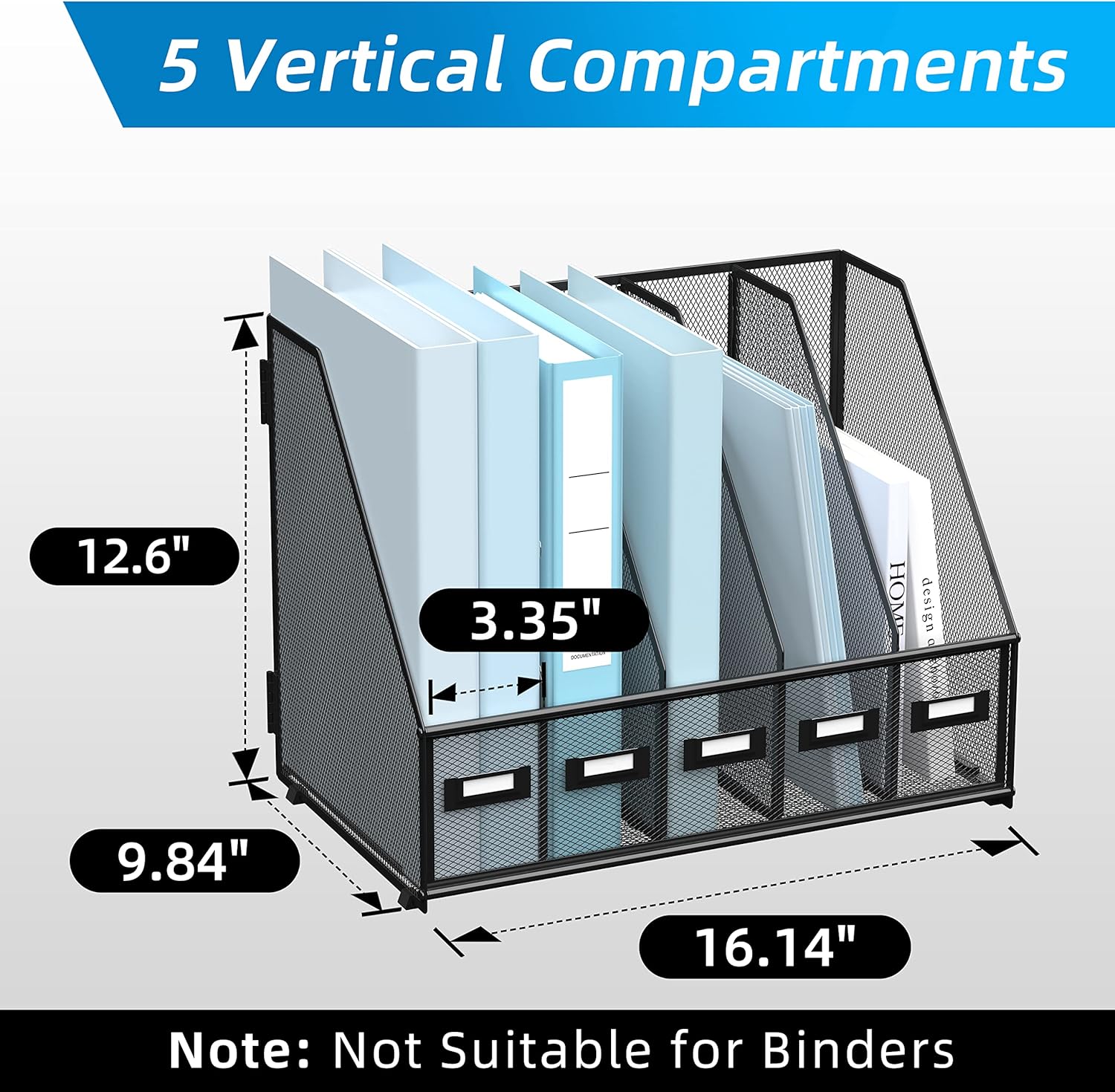 SUPEASY Desk Organizers Metal Desk Magazine File Holder with 5 Vertical Compartments Rack File Organizer for Office Desktop, Home Workspace, Black - Image 2