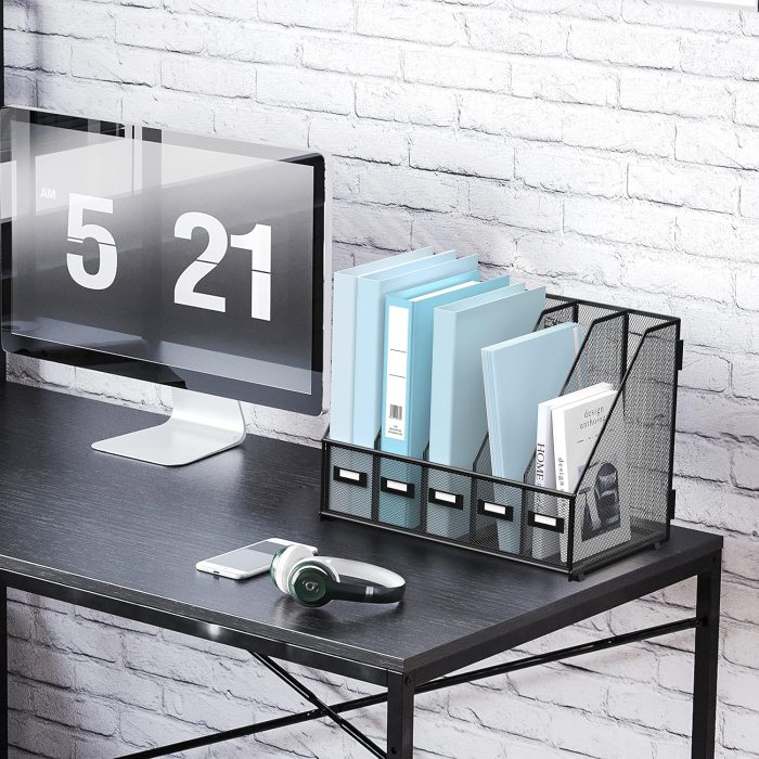 SUPEASY Desk Organizers Metal Desk Magazine File Holder with 5 Vertical Compartments Rack File Organizer for Office Desktop, Home Workspace, Black - Image 3