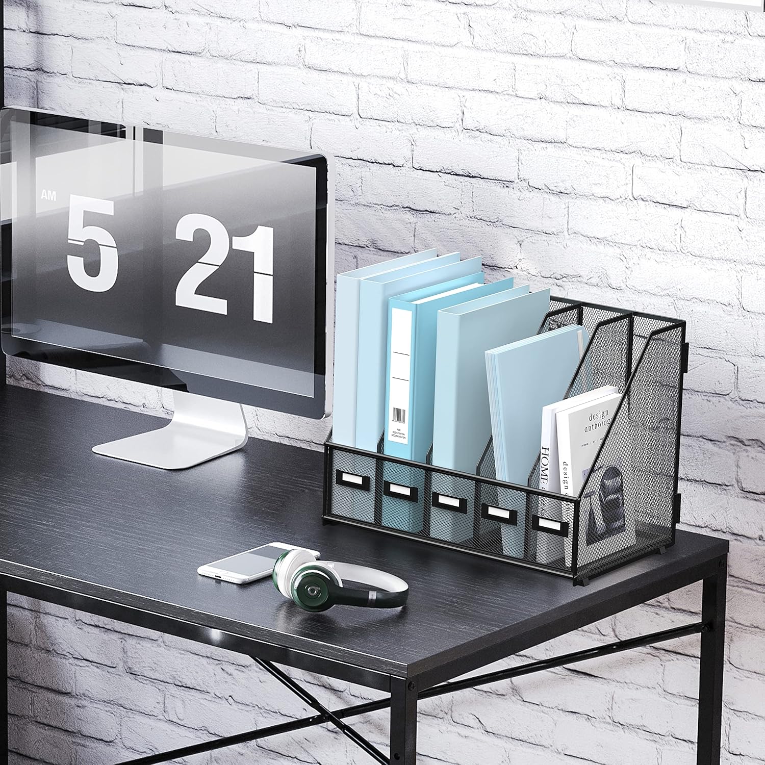 SUPEASY Desk Organizers Metal Desk Magazine File Holder with 5 Vertical Compartments Rack File Organizer for Office Desktop, Home Workspace, Black - Image 3