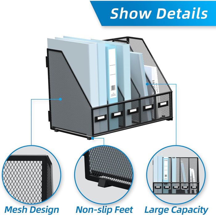 SUPEASY Desk Organizers Metal Desk Magazine File Holder with 5 Vertical Compartments Rack File Organizer for Office Desktop, Home Workspace, Black - Image 4