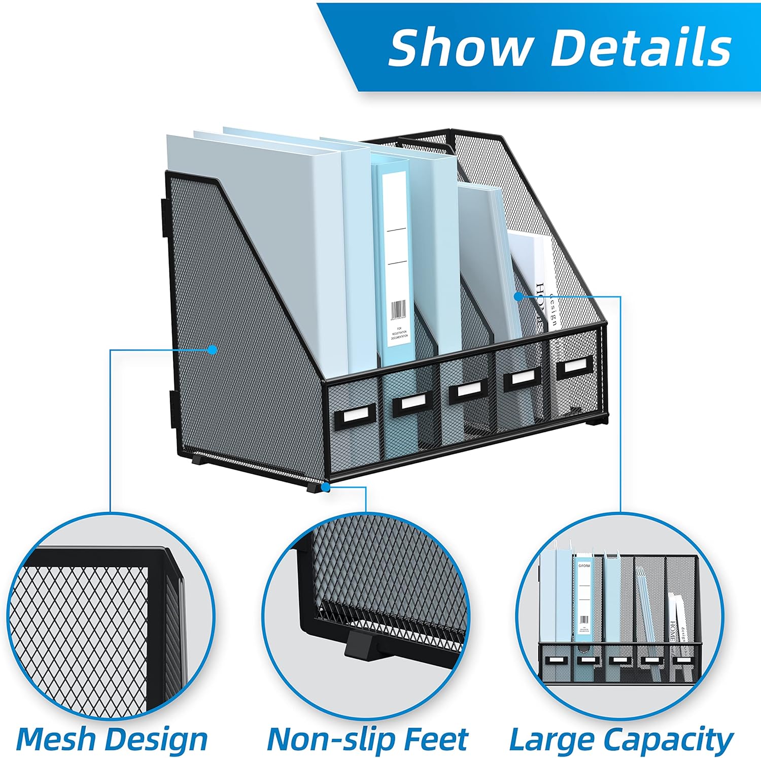 SUPEASY Desk Organizers Metal Desk Magazine File Holder with 5 Vertical Compartments Rack File Organizer for Office Desktop, Home Workspace, Black - Image 4