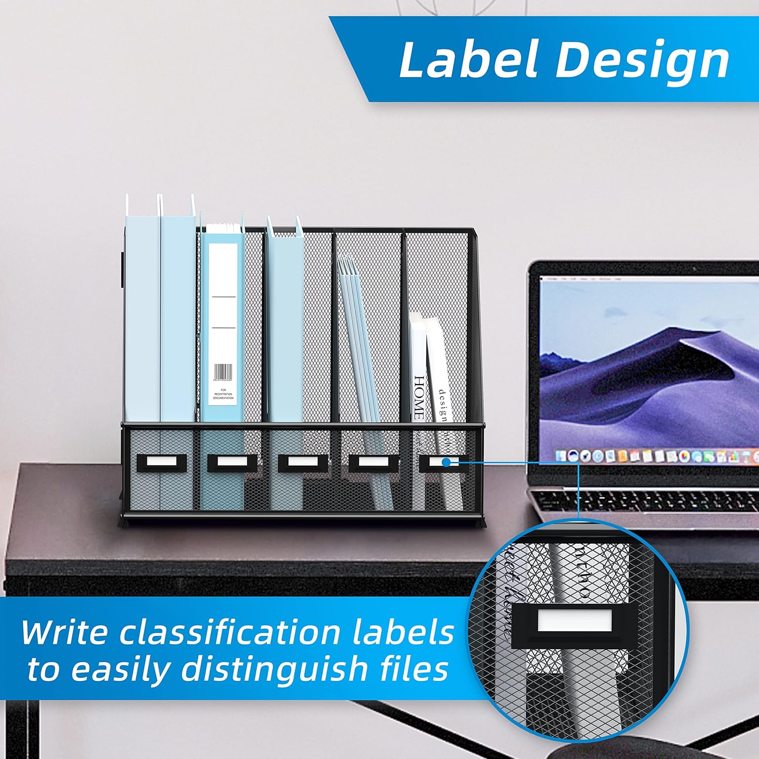 SUPEASY Desk Organizers Metal Desk Magazine File Holder with 5 Vertical Compartments Rack File Organizer for Office Desktop, Home Workspace, Black - Image 5