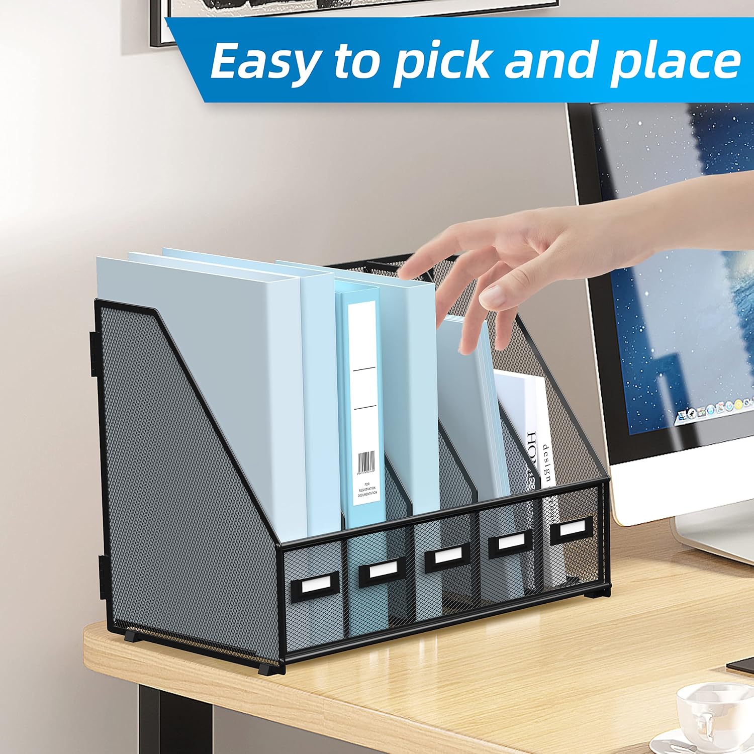 SUPEASY Desk Organizers Metal Desk Magazine File Holder with 5 Vertical Compartments Rack File Organizer for Office Desktop, Home Workspace, Black - Image 7
