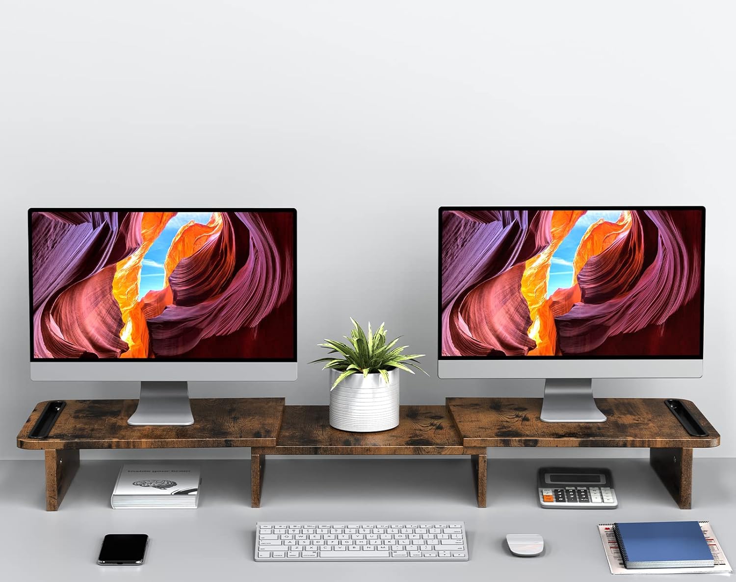 Zimilar Dual Monitor Stand Riser, Monitor Stand with Adjustable Length and Angle, Wood Monitor stand for desk, Monitor Riser for 2 monitors with Storage Space(Rust Brown Large) - Image 2
