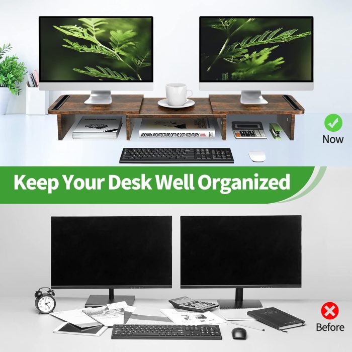Zimilar Dual Monitor Stand Riser, Monitor Stand with Adjustable Length and Angle, Wood Monitor stand for desk, Monitor Riser for 2 monitors with Storage Space(Rust Brown Large) - Image 8